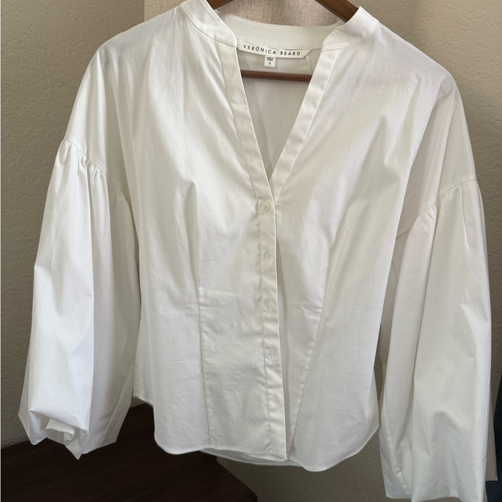 Veronica Beard White Mandarin Collar Puff Sleeve Blouse